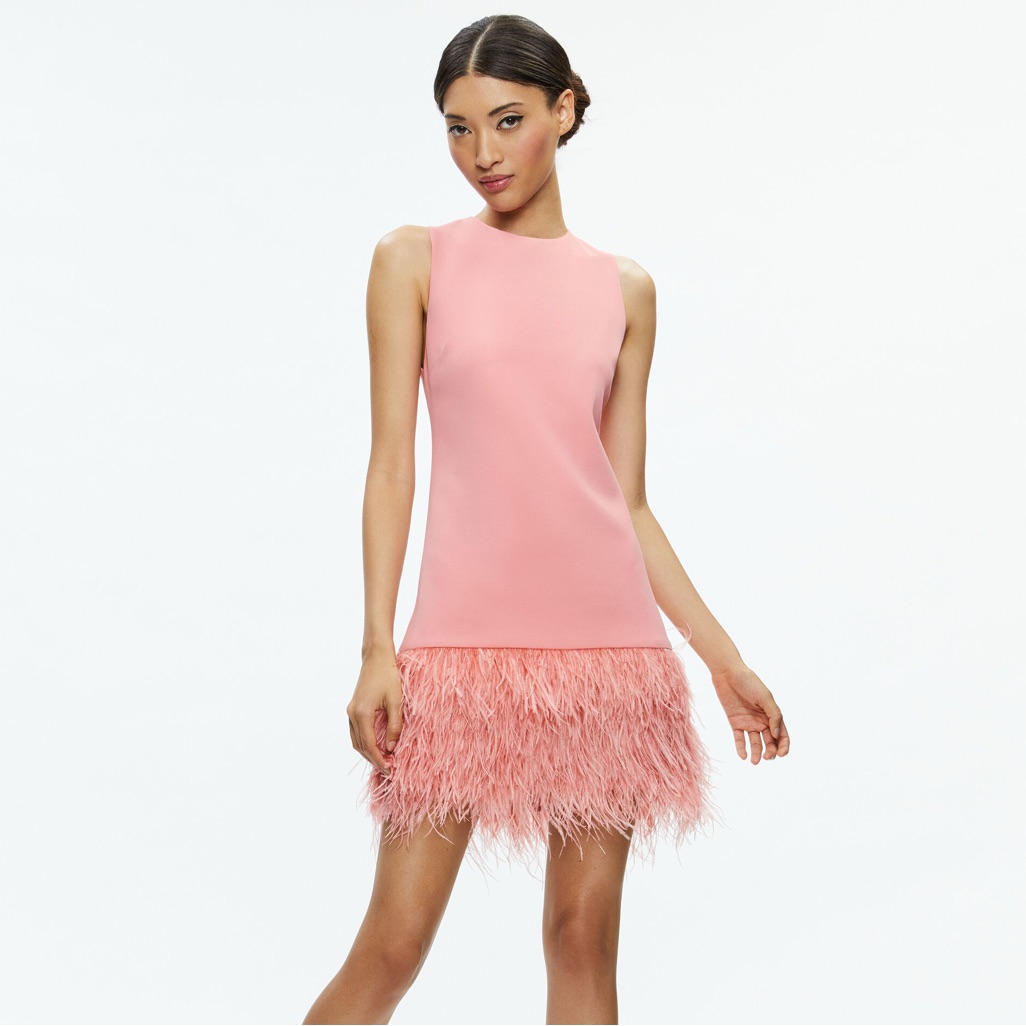 Alice + Olivia Pink Feathered Mini Dress Coley Feather Trim Dress